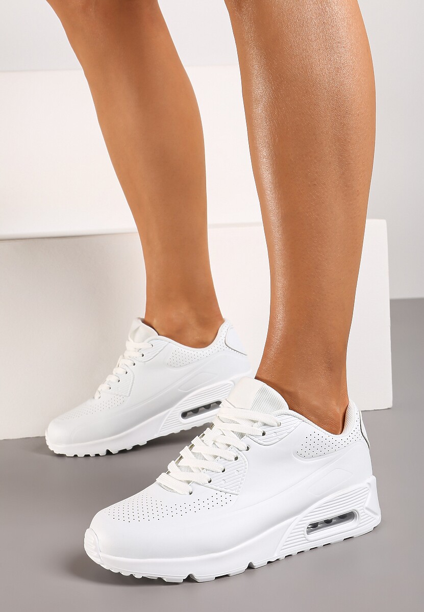 Białe Casualowe Sneakersy na Płaskiej Podeszwie Ozdobione Perforacją i Transparentną Wstawką Dunelia