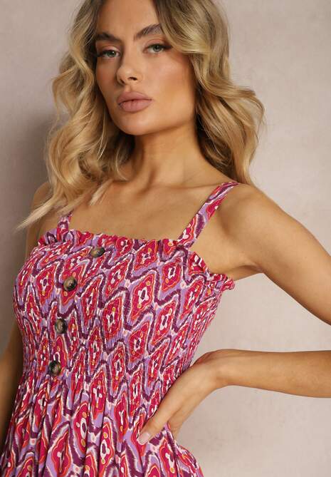 Fioletowo-Czerwona Wiskozowa Sukienka na Regulowanych Ramiączkach z Marszczonym Dekoltem Lalemia