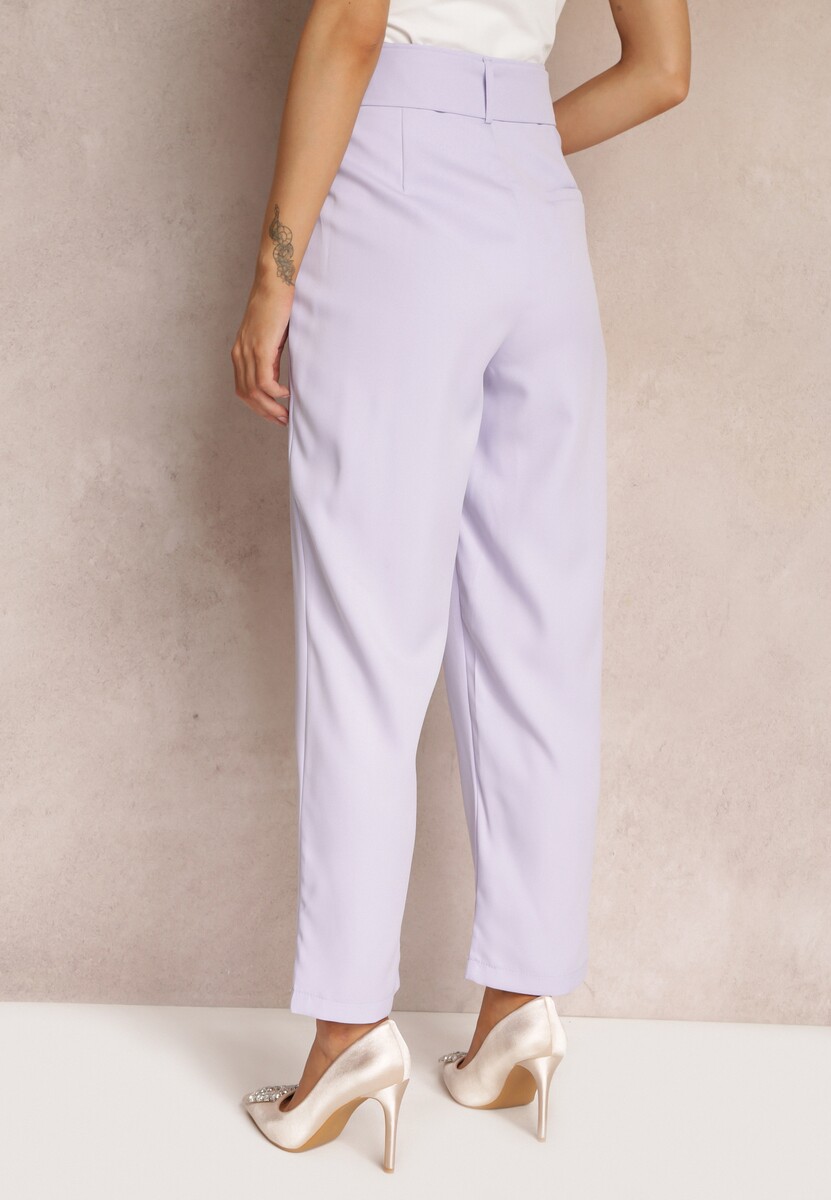 Fioletowe Spodnie Cygaretki z Wysokim Stanem i Materiałowym Paskiem z Cyrkoniami Marintta