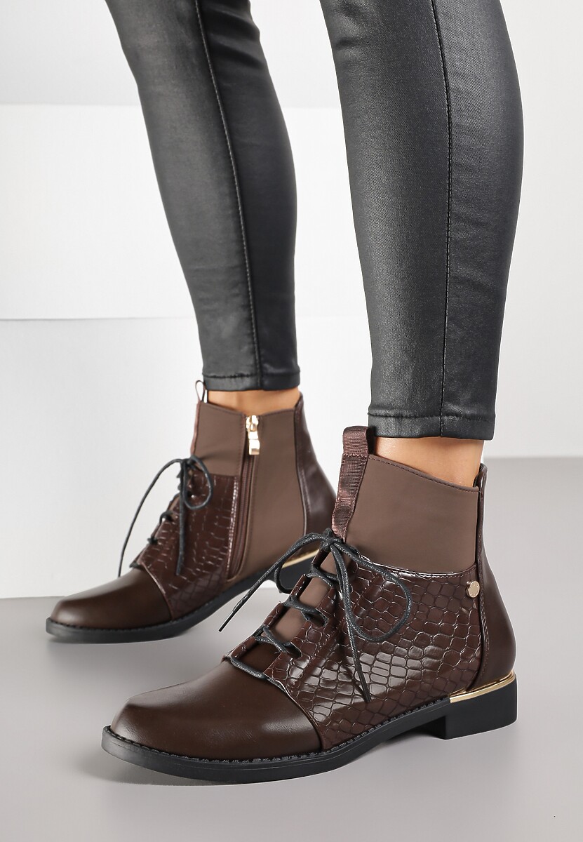Brązowe Botki Vices w Stylu Trzewików z Motywem Skóry Krokodyla Alirriva