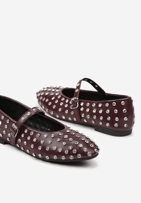 Bordowe Cyrkoniowe Balerinki na Płaskiej Podeszwie z Ozdobnym Paskiem Bararia