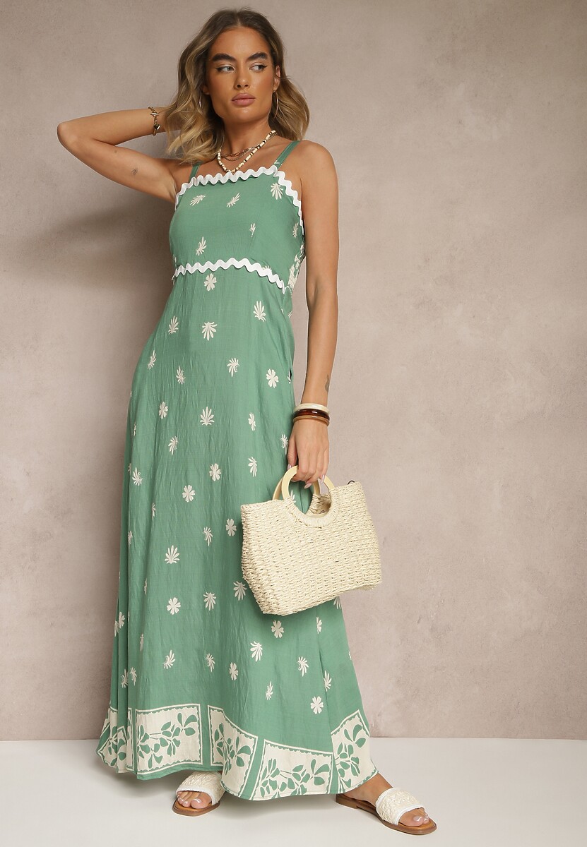 Brązowa Sukienka z Wiskozy Ozdobiona Geometrycznym Motywem Lunessa