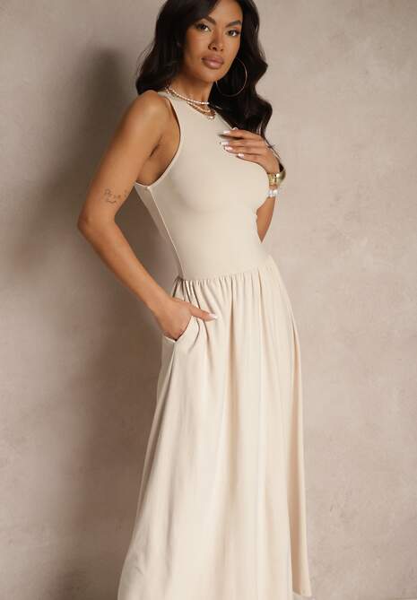 Jasnobeżowa Rozkloszowana Sukienka z Bawełny z Kieszeniami Lirevane