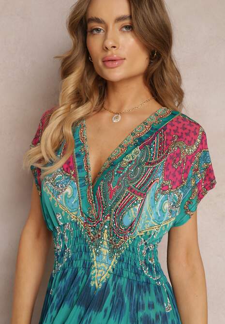 Zielona Sukienka o Kopertowym Kroju w Ornamentalny Print Nalori