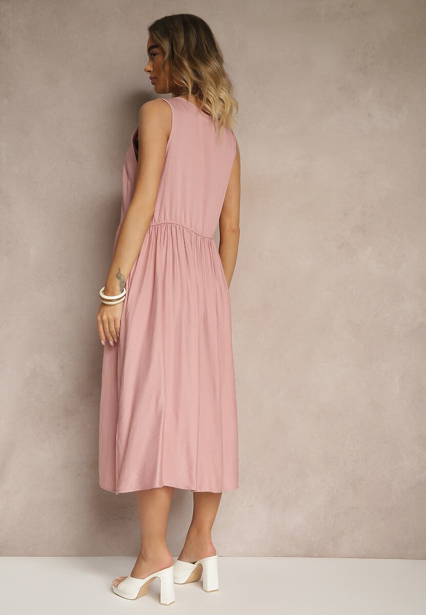 Różowa Rozkloszowana Sukienka z Wiskozy Ozdobiona Guzikami Nataviela