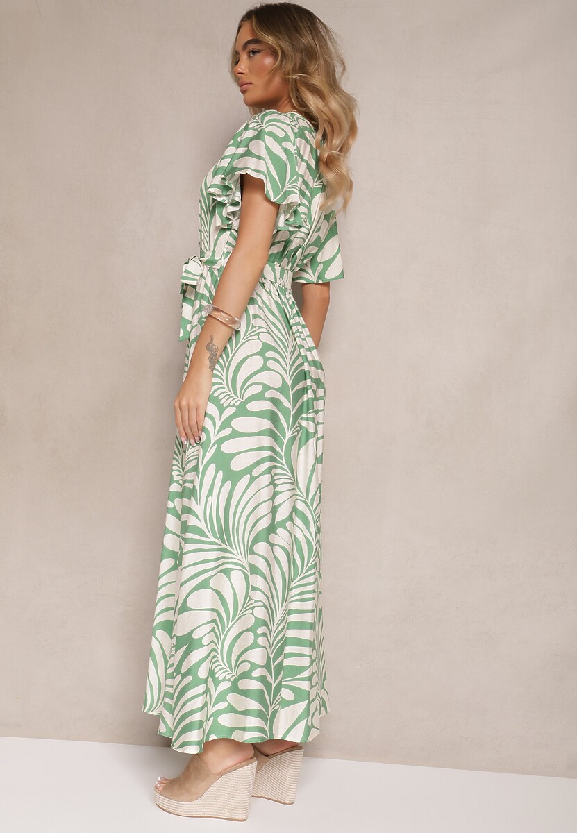 Zielona Kopertowa Sukienka z Wiskozy Zdobiona Printem z Motywem Roślinnym Dinea