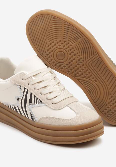Beżowe Sneakersy w Stylu Tenisówek z Brokatowymi Wstawkami i Printem w Zeberkę Salliotta