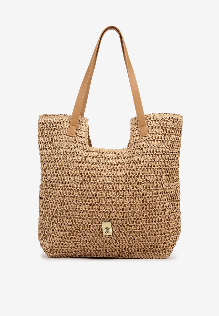 Beżowa Torebka Typu Shopperka z Plecionki Feliswela