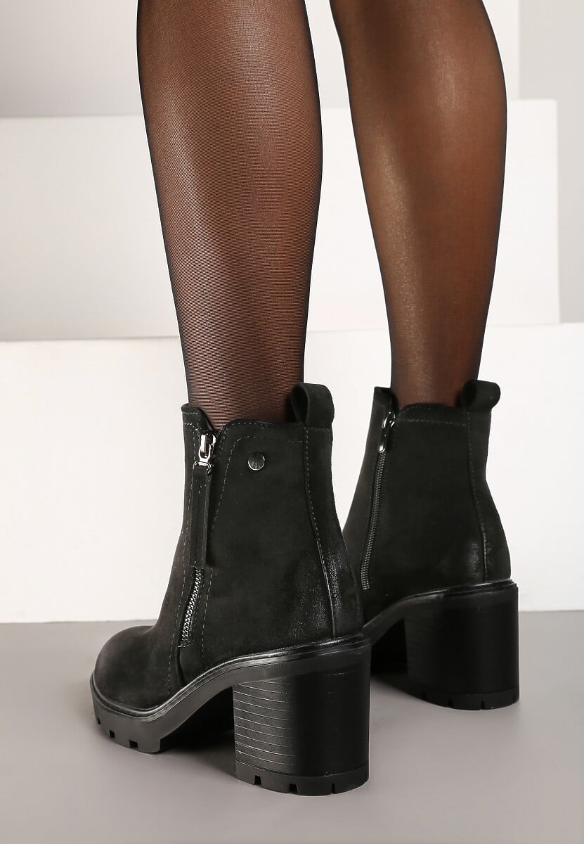 Czarne Botki na Słupku Boho z Suwakiem Kodra