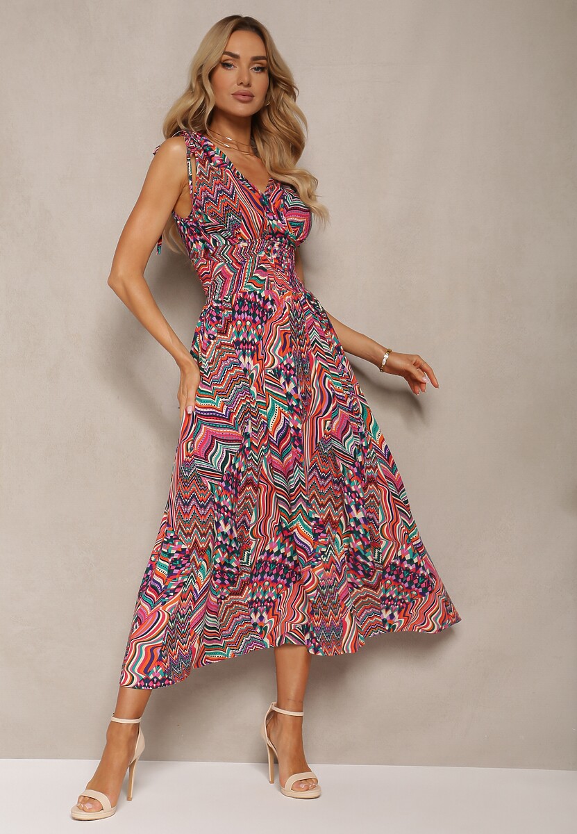 Zielono-Różowa Boho Sukienka o Rozkloszowanym Kroju z Dekoltem w Serek i Gumką w Pasie Heteri