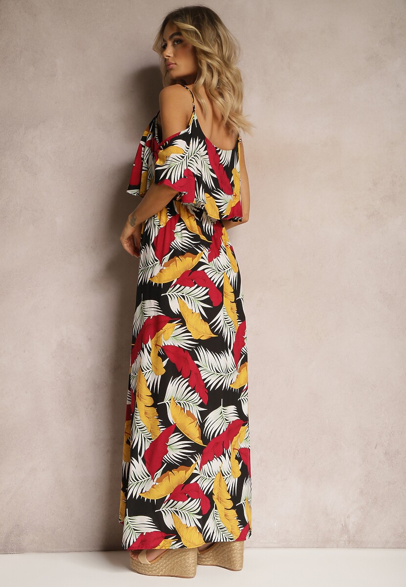 Czarno-Żółta Sukienka z Regulowanymi Ramiączkami i Falbanką przy Dekolcie z Gumką w Pasie Starra