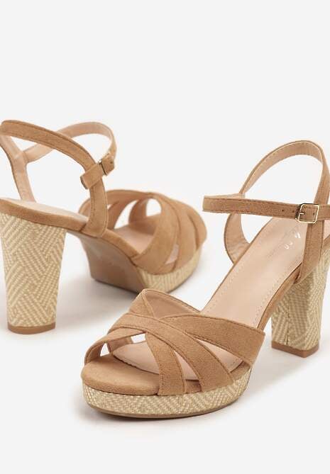 Brązowe Sandały na Słupkowym Obcasie o Tweedowej Fakturze Fodivira