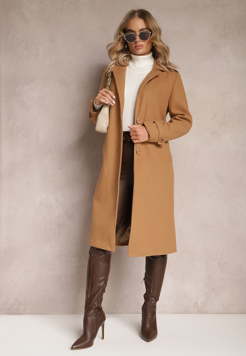 Beżowy Płaszcz Jednorzędowy z Paskiem Oronice