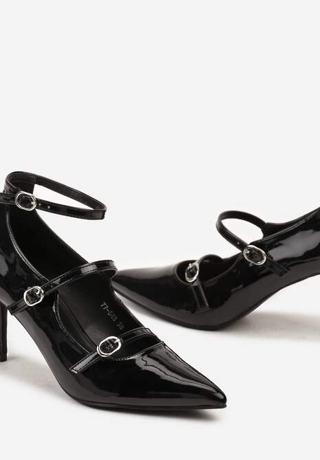 Czarne Lakierowane Czółenka na Szpilce Zapinane przy Kostce na Sprzączkę Rexilia