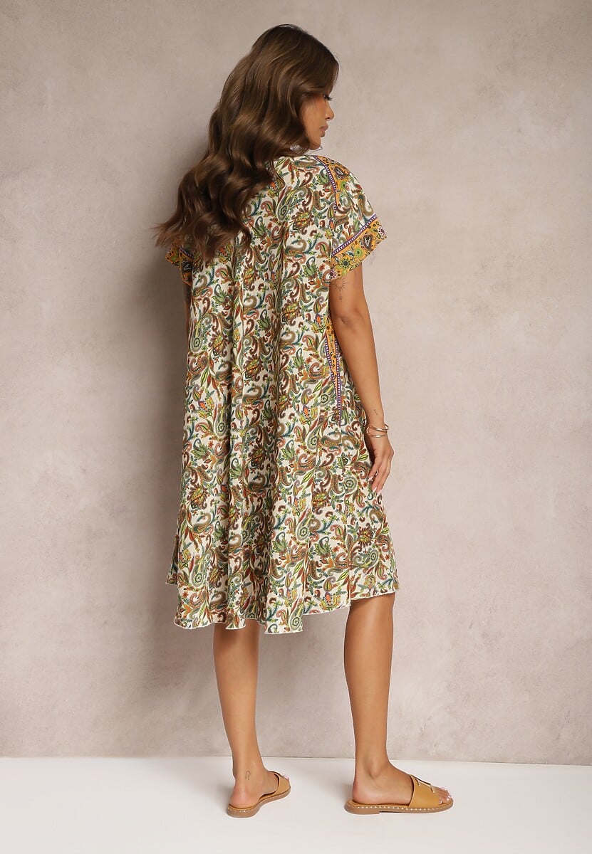 Jasnobeżowa Rozkloszowana Sukienka z Wiskozy w Kwiaty Rivanira