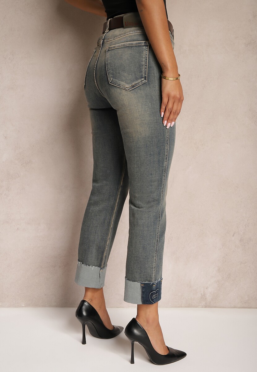 Niebiesko-Szare  Jeansy High Waist z Bawełny z Efektem Postarzenia i Modnym Paskiem Rilelle