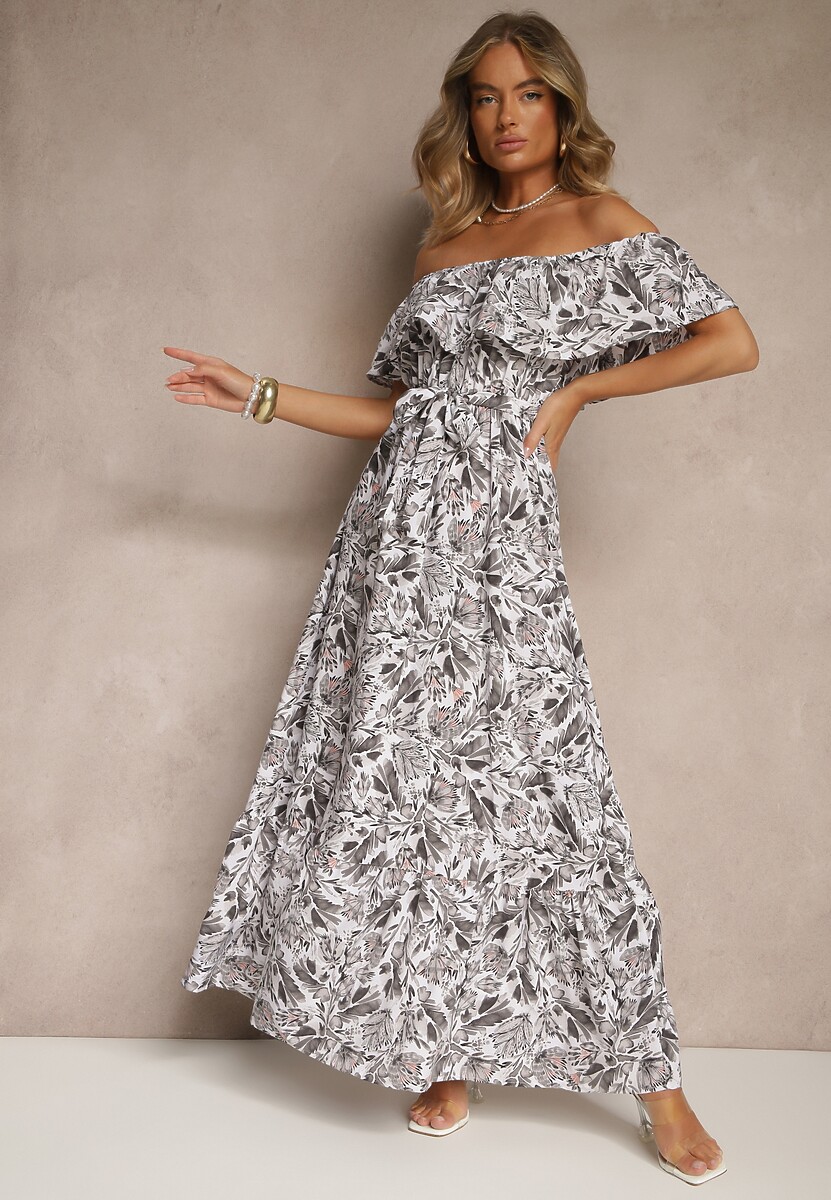 Ciemnoszara Kwiatowa Sukienka Typu Hiszpanka z Bawełną Tiarice