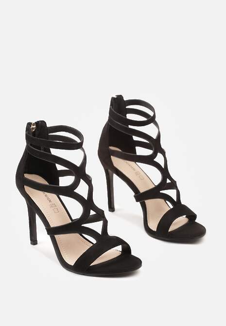 Czarne Sandały Szpilki ze Skórzaną Wkładką i Ozdobnymi Paskami na Suwak Perseisa