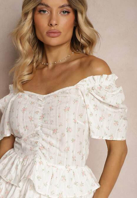 Biała Rozkloszowana Sukienka z Bawełny z Gumką w Talii w Drobne Kwiaty Timariah