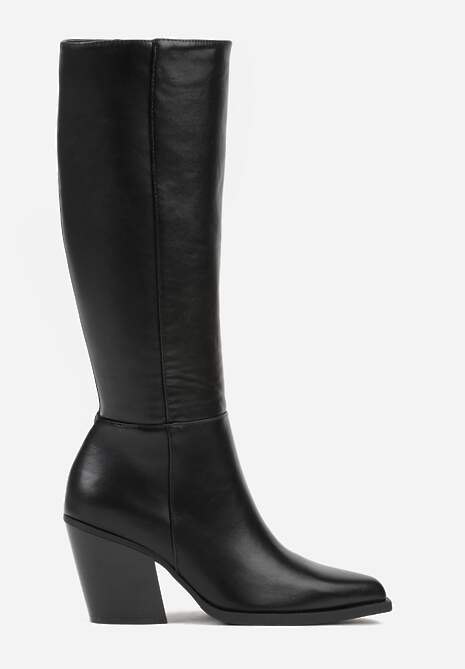 Czarne Kozaki do Kolana na Obcasie Typu Stożek ze Szpiczastym Noskiem Seorina