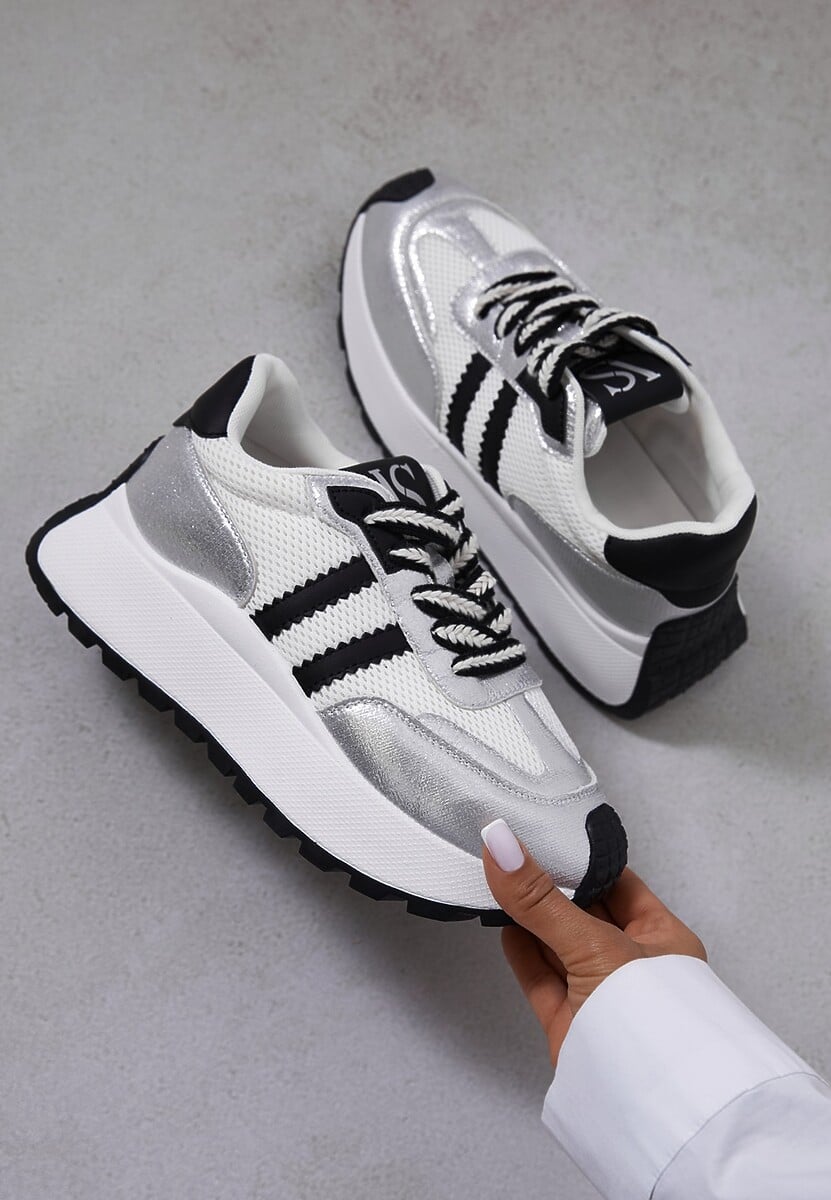 Biało-Srebrne Sneakersy Vices na Platformie z Metalicznymi Paskami Lenela