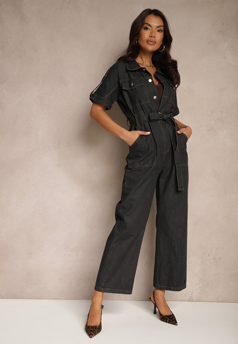 Czarny Denimowy Kombinezon z Bawełny z Materiałowym Paskiem w Talii i Szerokimi Nogawkami Yonadea