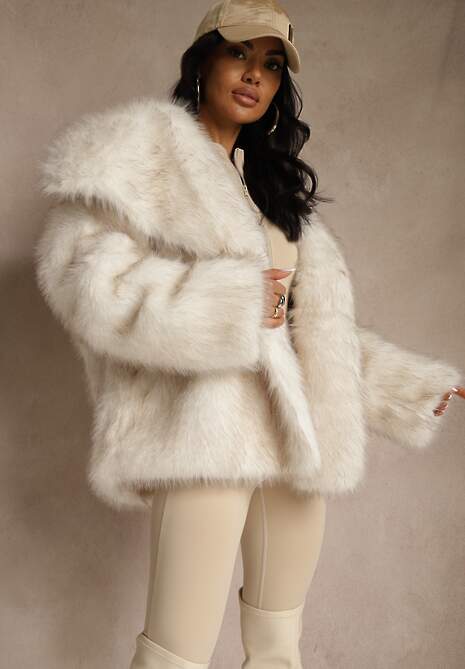 Biała Dwurzędowa Kurtka Futerko Oversize Nenalla