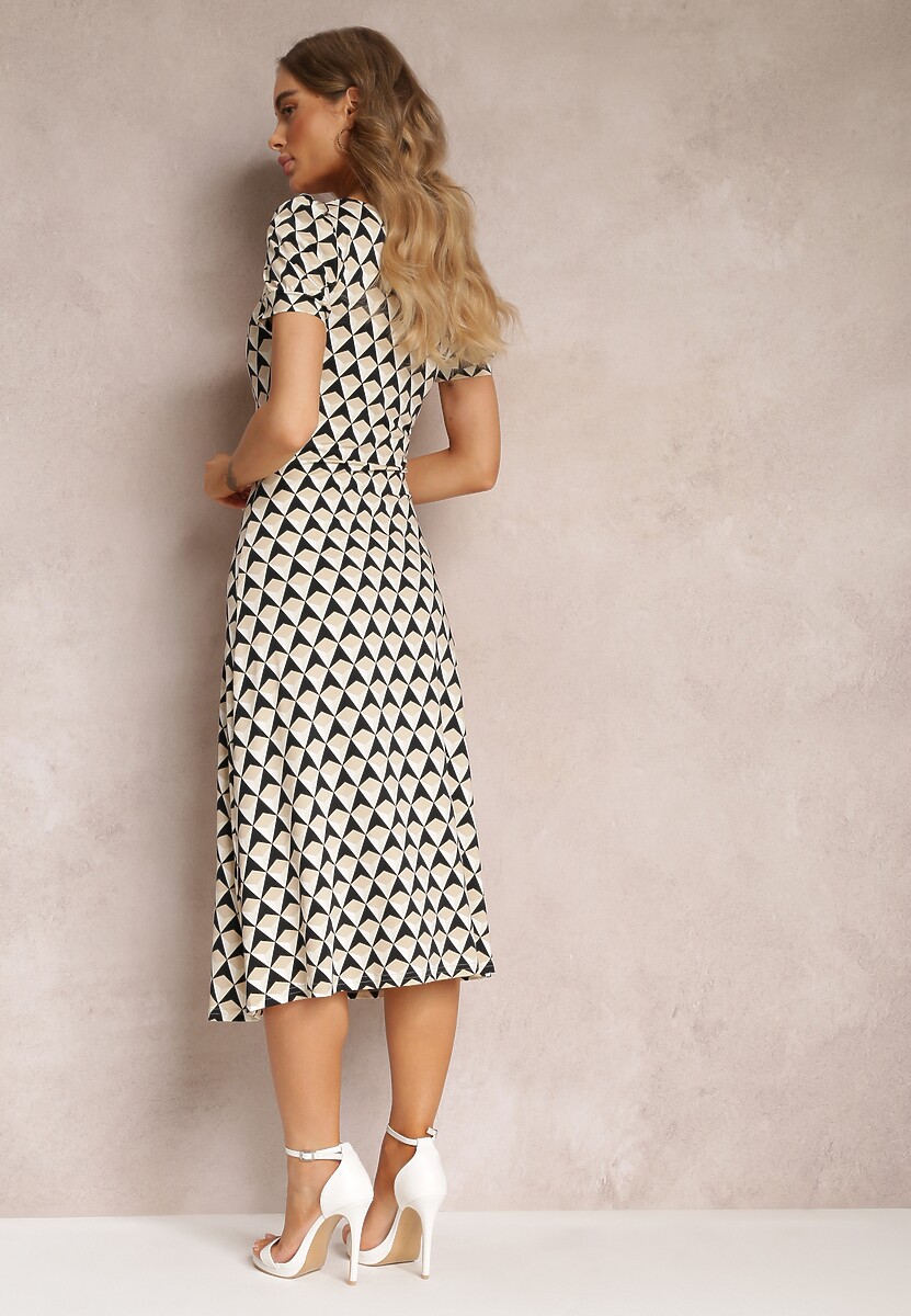 Beżowa Taliowana Sukienka z Ozdobnym Marszczeniem w Geometryczny Wzór Eranthis