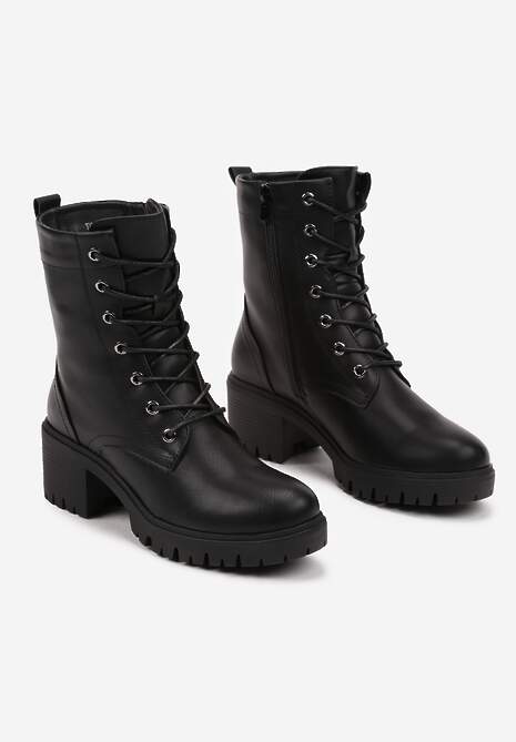 Czarne Botki na Słupku w Stylu Workerów z Ekoskóry Wykończone Wiązaniem Timovia