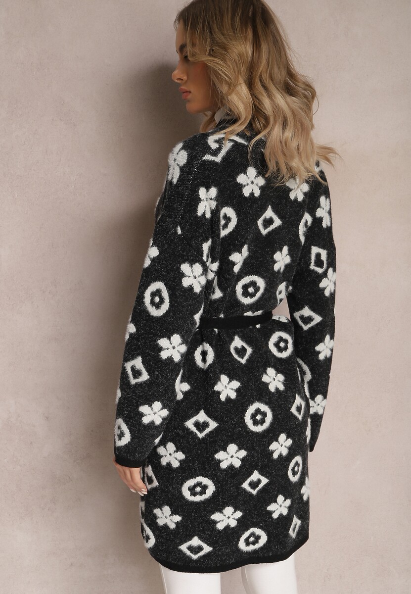 Czarny Kardigan z Wiązanym Paskiem Ozdobiony Wzorem w Kwiaty Timonen