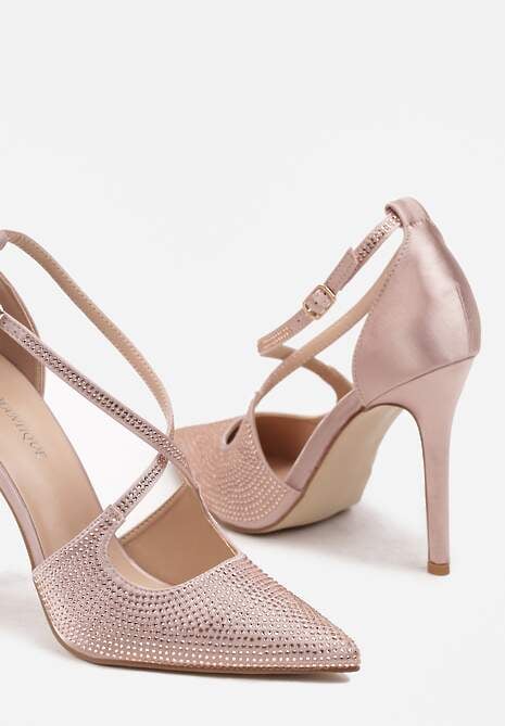 Beżowe Szpilki z Połyskiem Zapinane na Sprzączkę z Satynową Cholewką Lotina