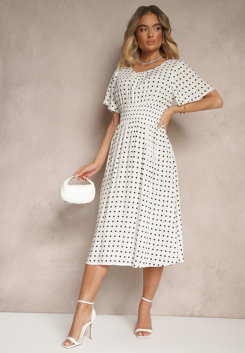 Biała Bawełniana Sukienka o Rozkloszowanym Fasonie w Kropki Tolimirae