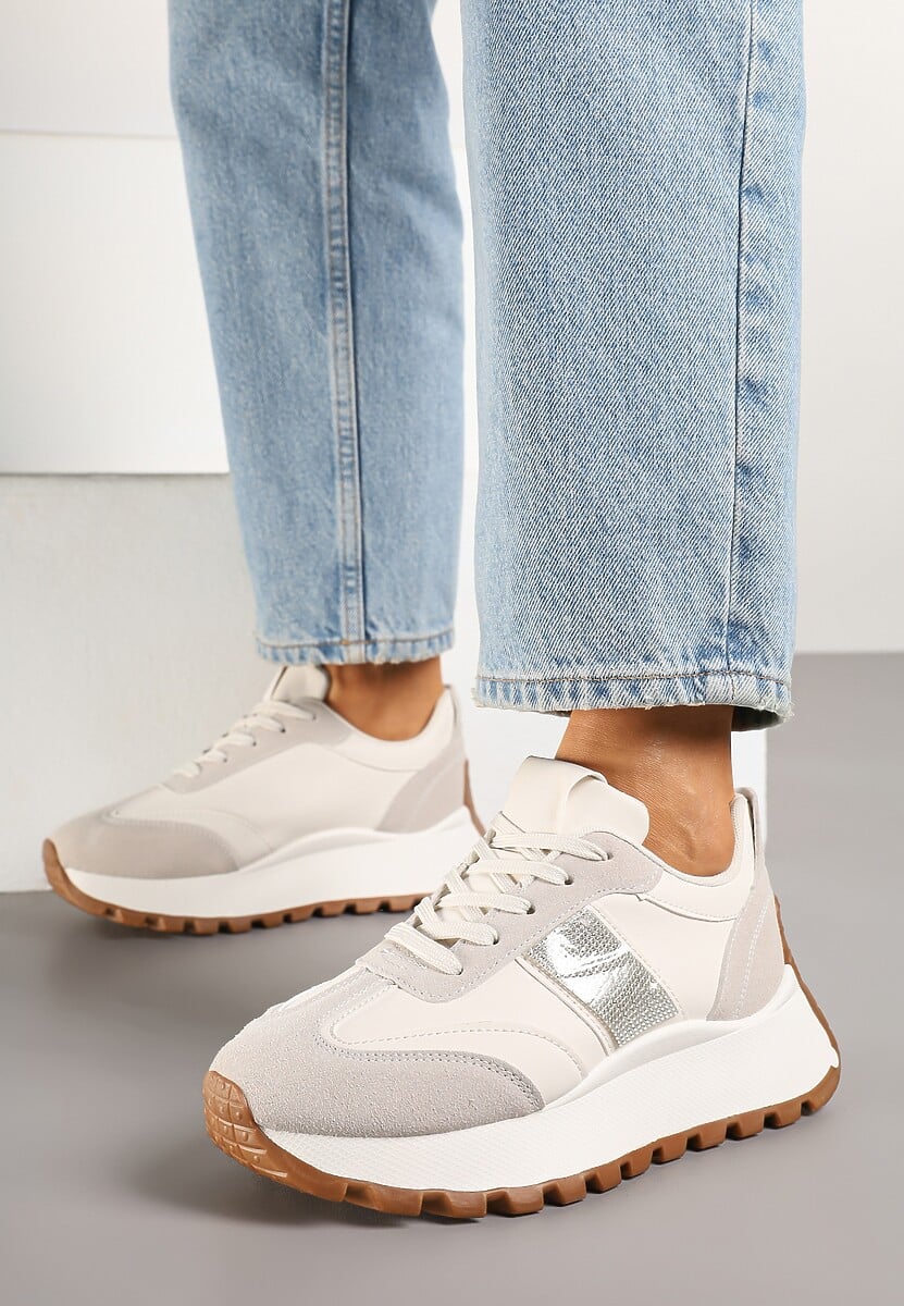 Beżowe Sneakersy na Platformie z Ozdobnymi Cyrkoniami Fenarelle