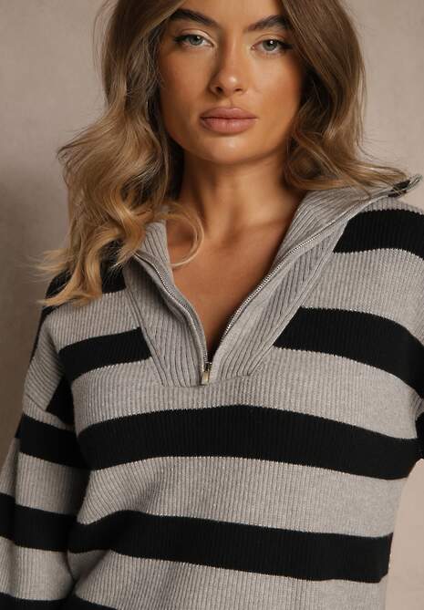 Czarno-Szary Sweter w Paski z Suwakiem przy Dekolcie Ralanae