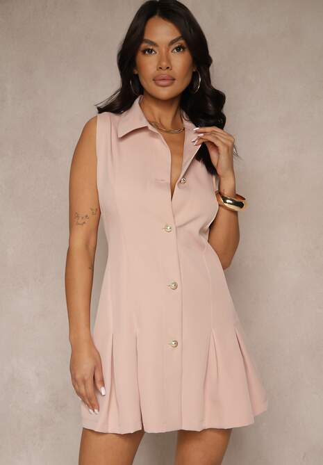 Różowa Sukienka Koszulowa Ozdobiona Guzikami Rediure