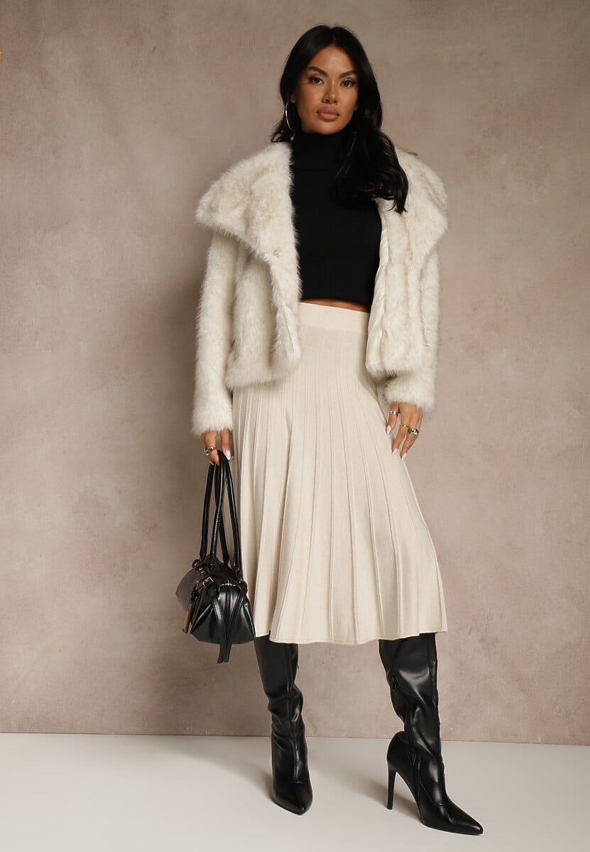 Beżowa Dzianinowa Spódnica Plisowana o Rozkloszowanym Kroju Tuswia