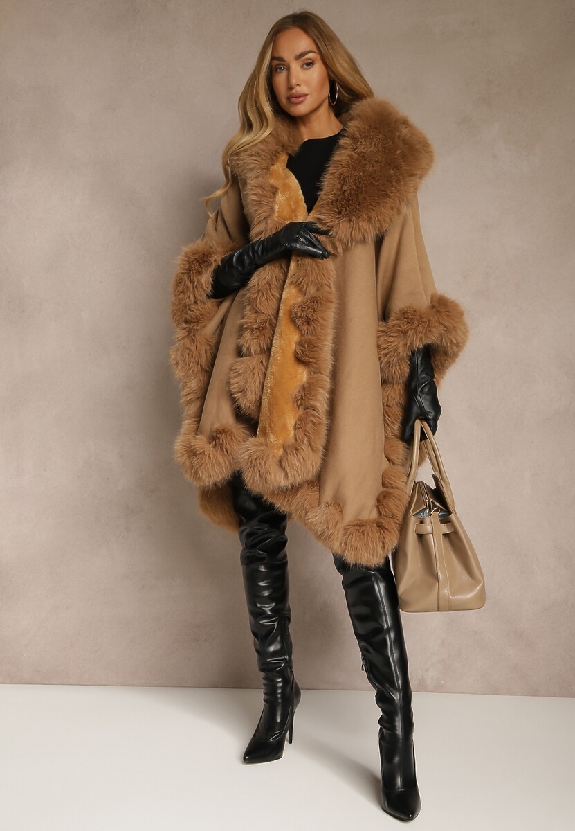 Brązowe Ponczo z Wełną i Wiskozą Obszyte Futerkiem Tevissa