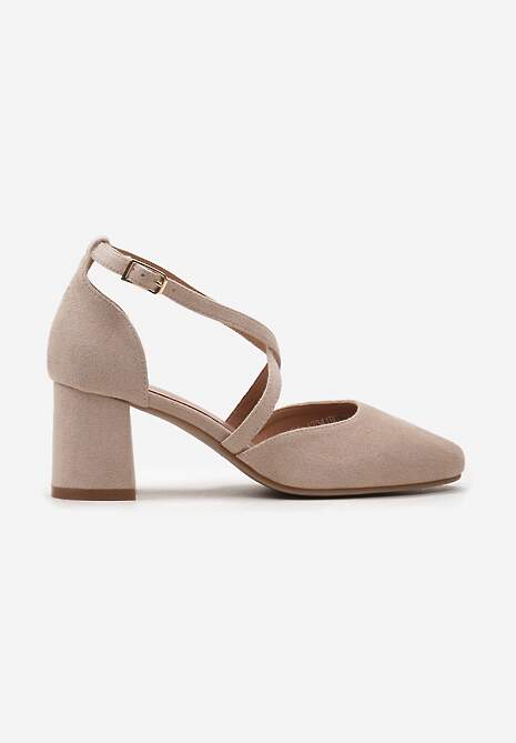 Beżowe Czółenka ze Skórzaną Wkładką na Słupku ze Sprzączką i Paseczkami Shaedra