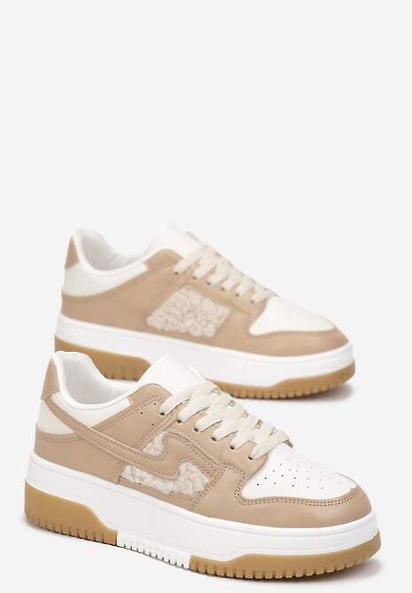 Ciemnobeżowe Sneakersy z Imitacji Skóry ze Wstawkami z Futerka Vaelisa