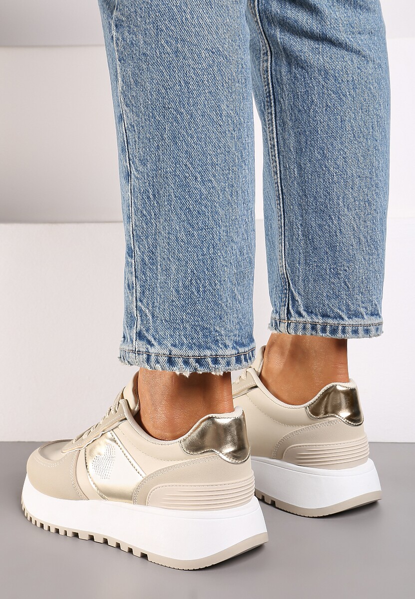 Beżowe Sneakersy z Naszywką Serduszka i Piankową Platformą Timera