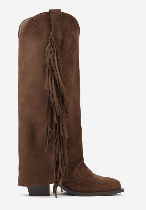 Brązowe Kozaki Kowbojki na Stożku z Cholewką Imitującą Nogawkę z Frędzlami Monettea