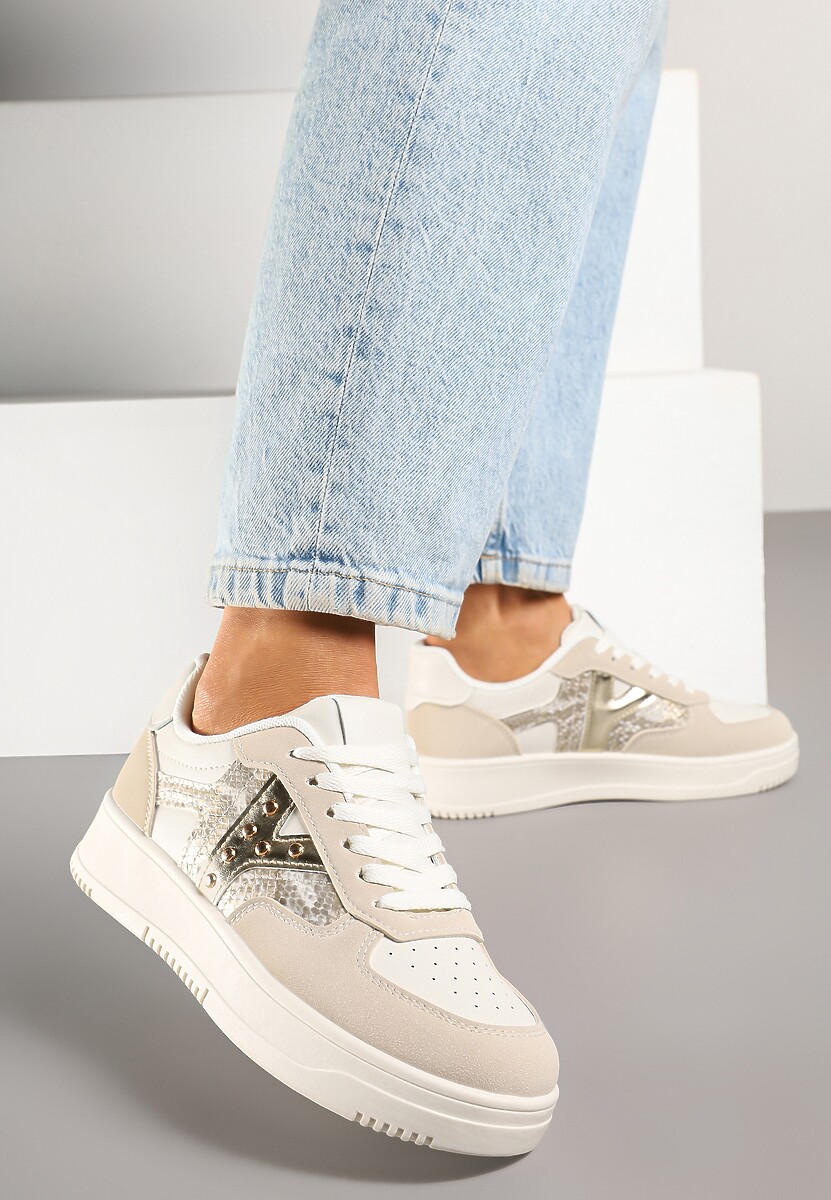 Beżowe Sneakersy Zdobione Metaliczną Aplikacją i Imitacją Skóry Węża Sarivane