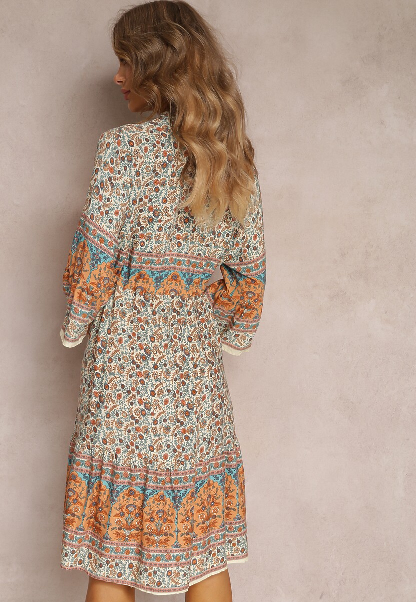 Beżowa Wiskozowa Sukienka w Kwiaty z Rękawem 3/4 i Falbanką Sulamita