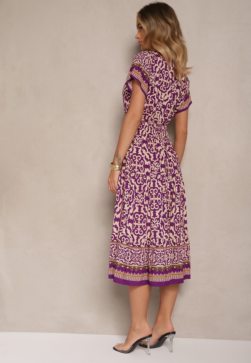 Ciemnofioletowa Sukienka z Bawełny z Gumką w Pasie i Ozdobnymi Guzikami Natifarela