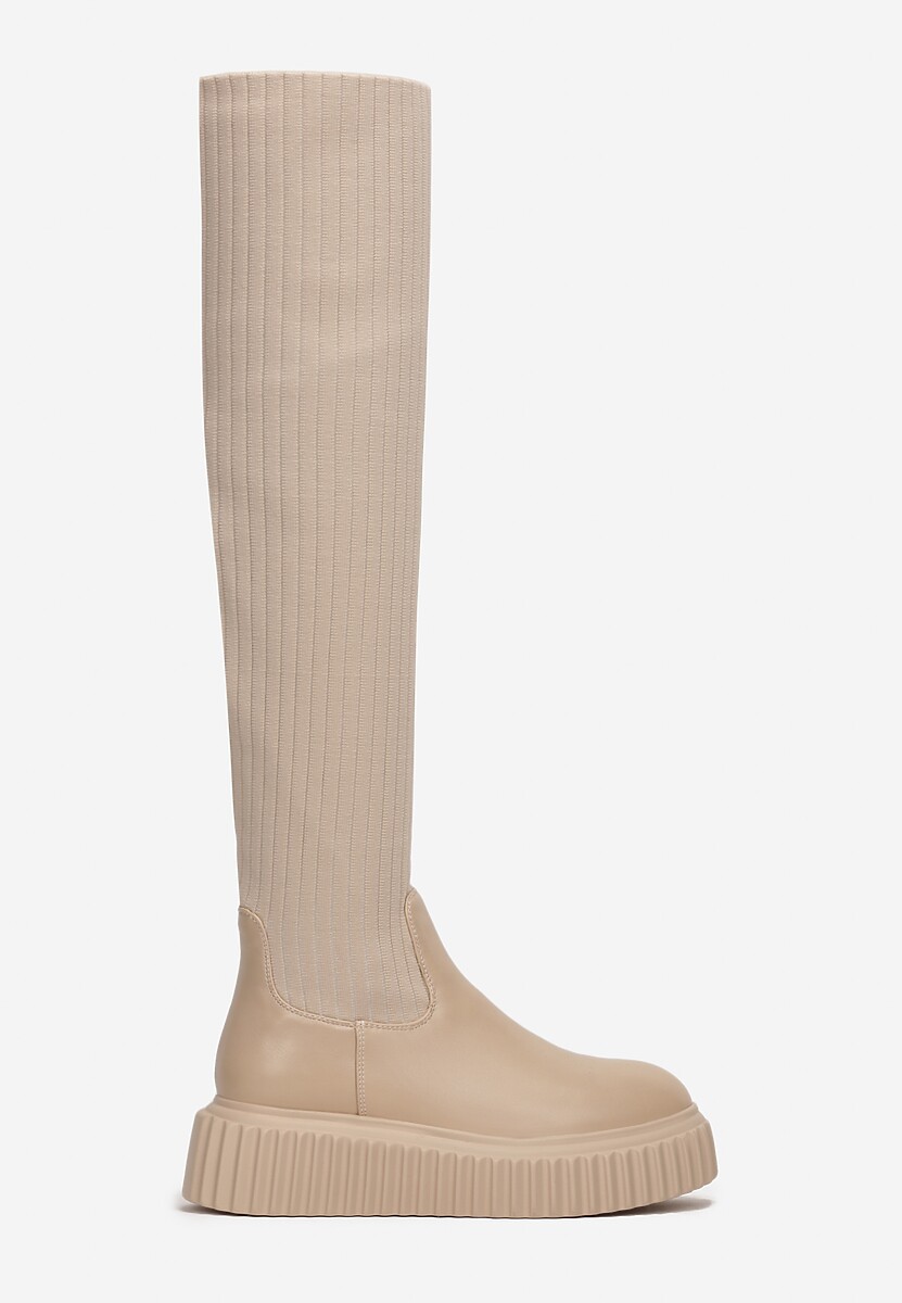 Beżowe Kozaki z Elastyczną Cholewką za Kolano na Platformie Cese