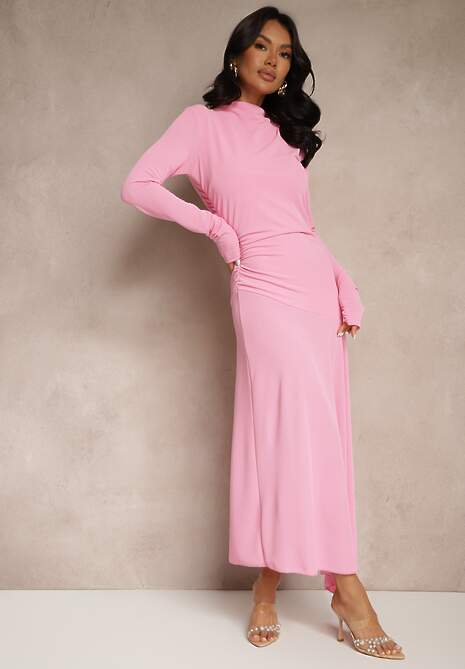 Różowa Asymetryczna Sukienka Koktajlowa z Ozdobnymi Guzikami Dralriti