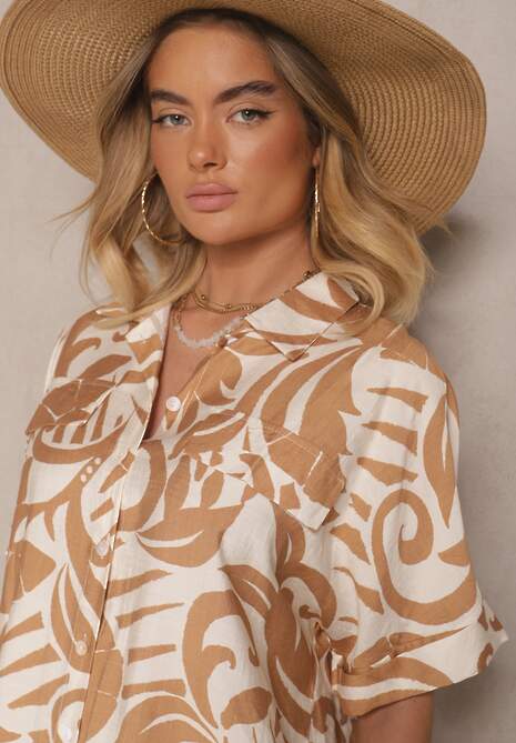 Brązowa Pudełkowa Sukienka w Typie Koszuli w Liście Liasenna