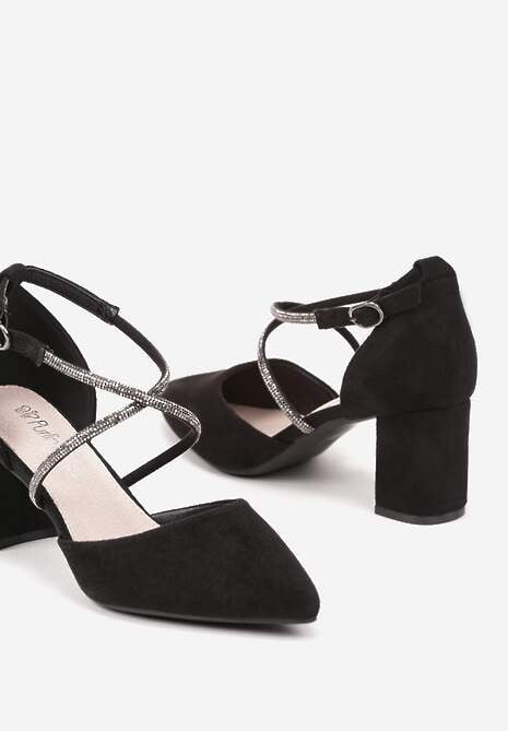 Czarne Czółenka na Słupku z Paskami z Cyrkoniami i Szpiczastymi Noskami Jarise