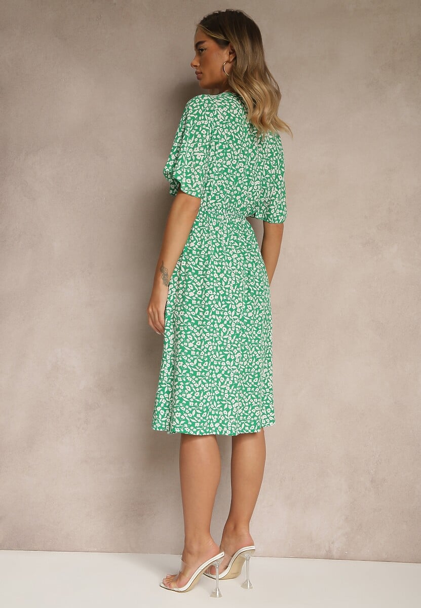 Zielona Rozkloszowana Sukienka z Bawełny Zdobiona Kwiatowym Printem Arirelle