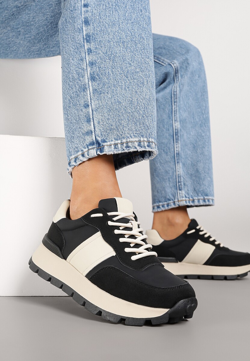 Czarno-Beżowe Sneakersy na Platformie z Tłoczeniem Tillivalle